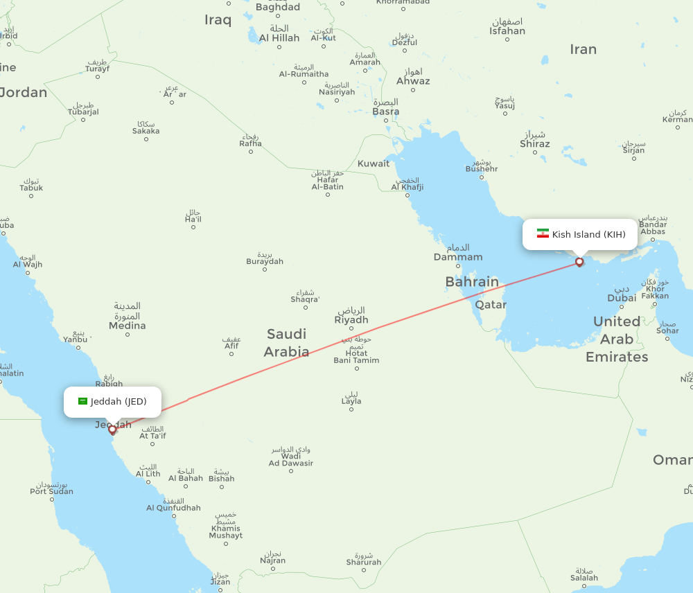 Jeddah - Kish Island route map and flight paths