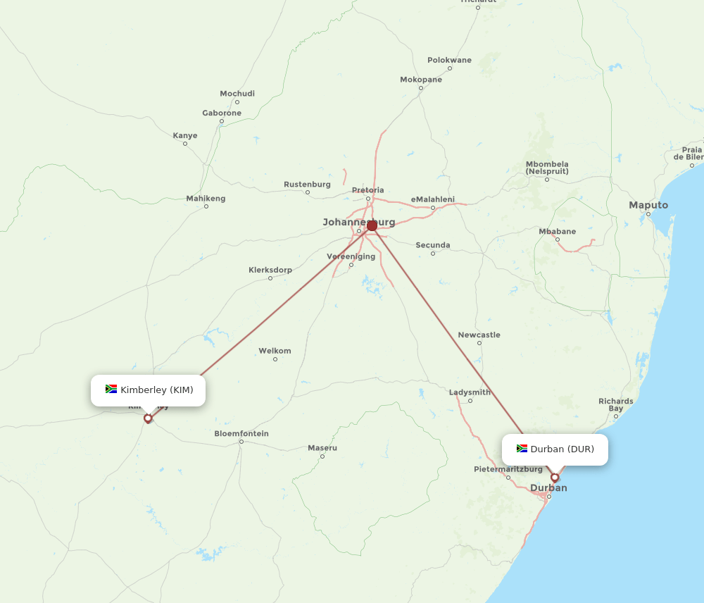 Kimberley - Durban route map and flight paths