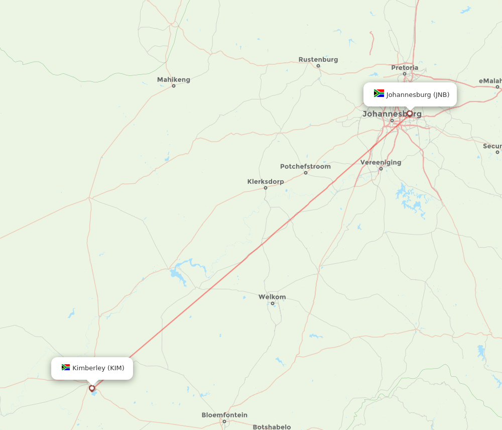 Kimberley - Johannesburg route map and flight paths