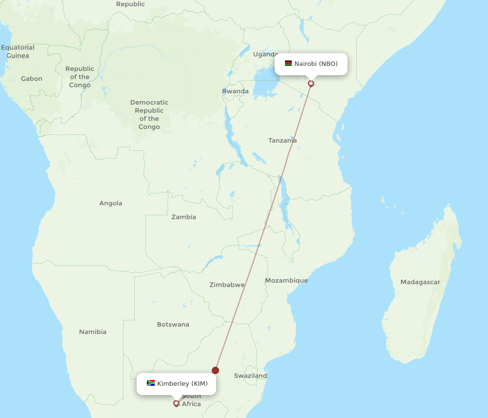Nairobi - Kimberley route map and flight paths