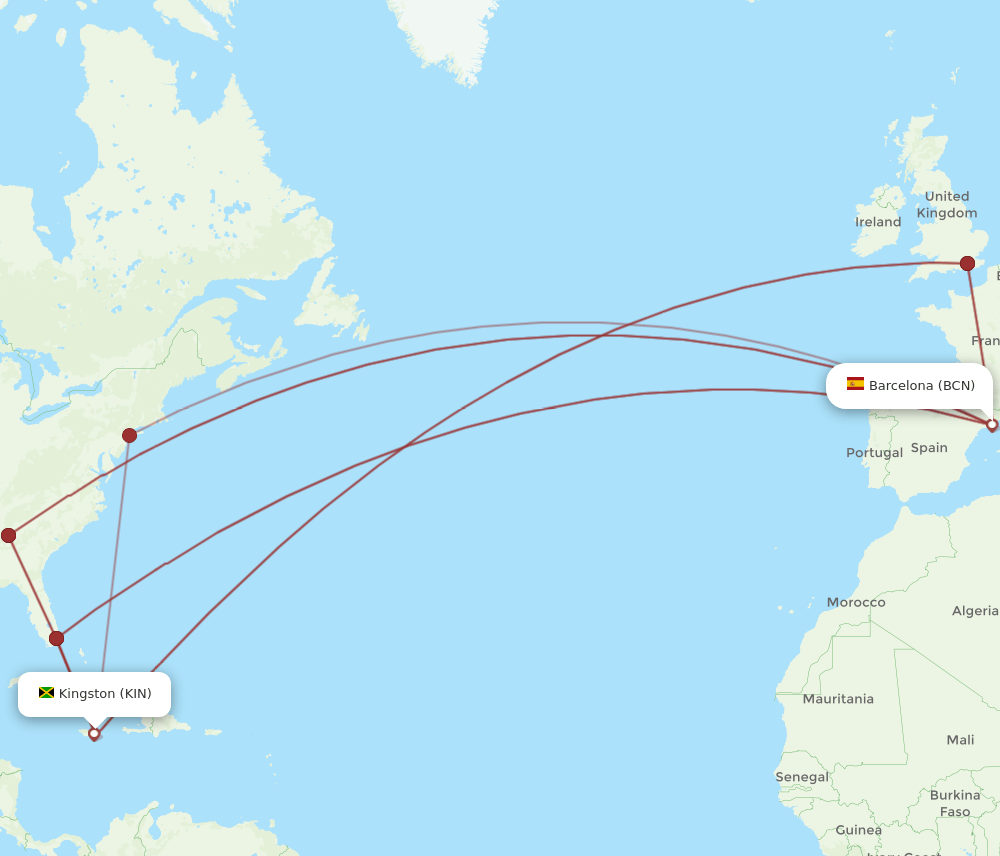 KIN to BCN flights and routes map