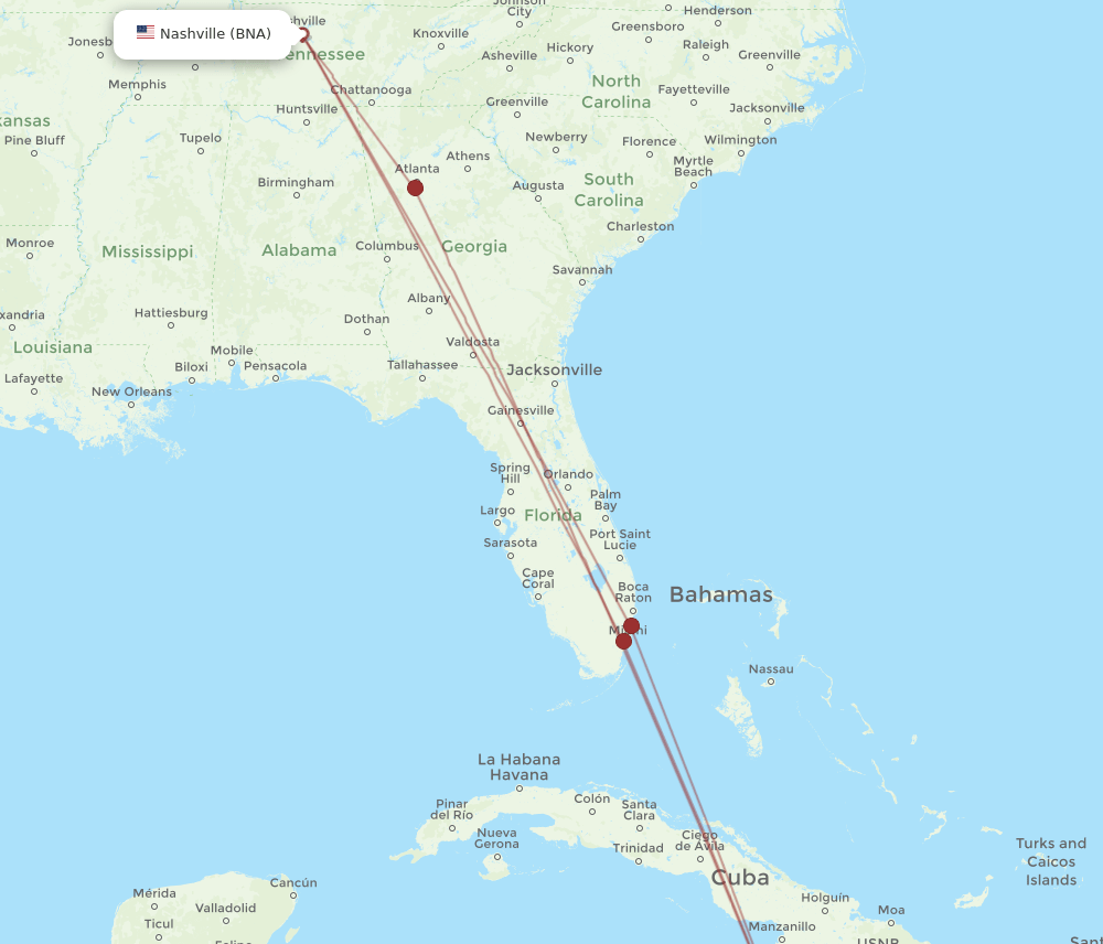 KIN-BNA flight routes