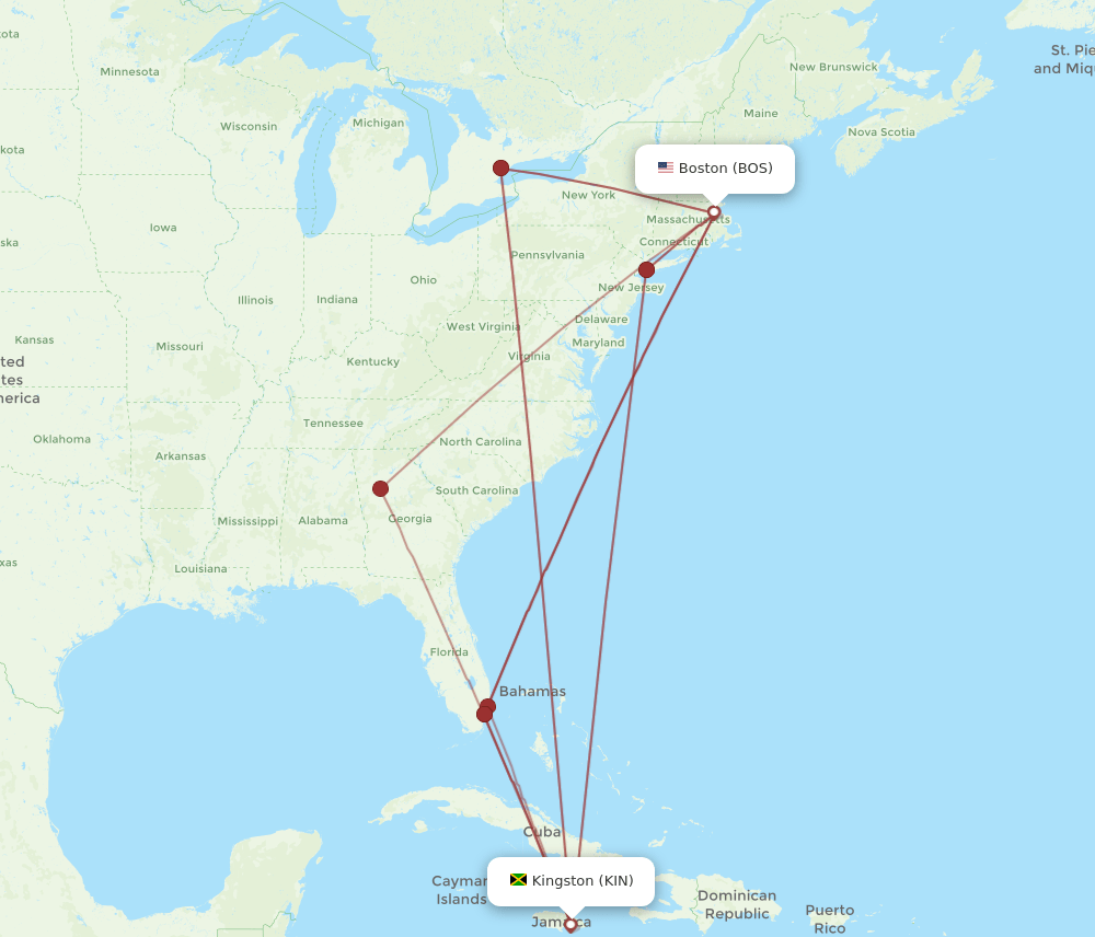 KIN-BOS flight routes