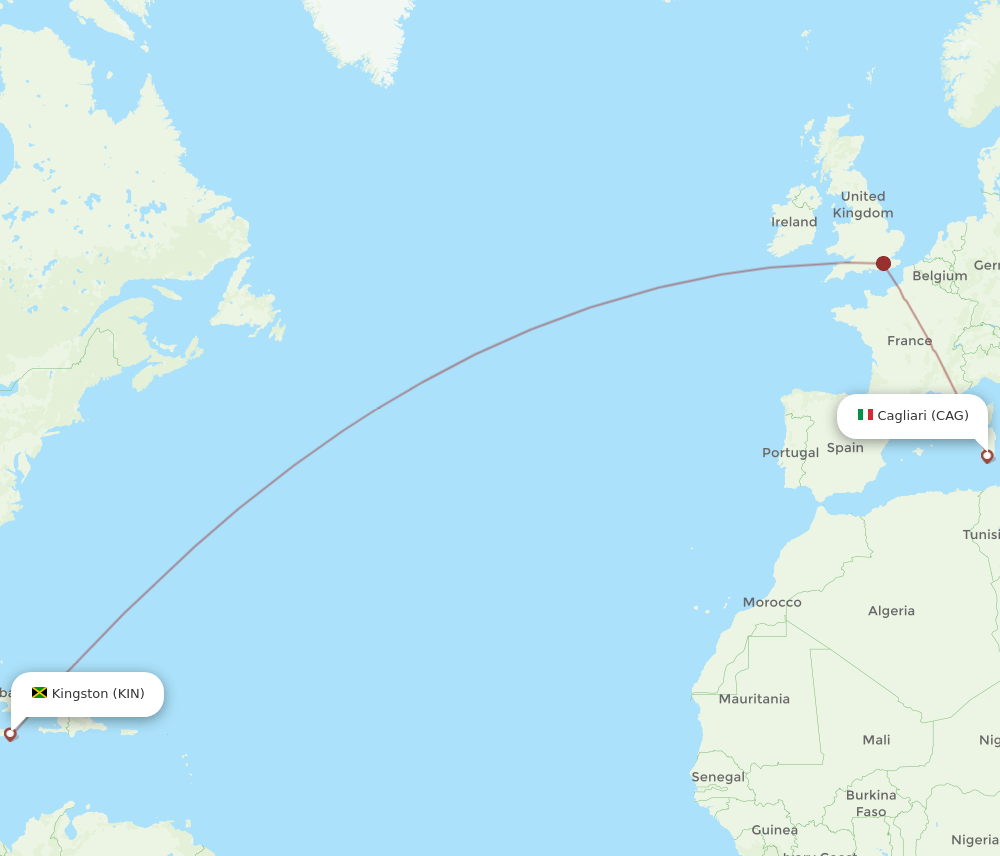 Cagliari - Kingston route map and flight paths