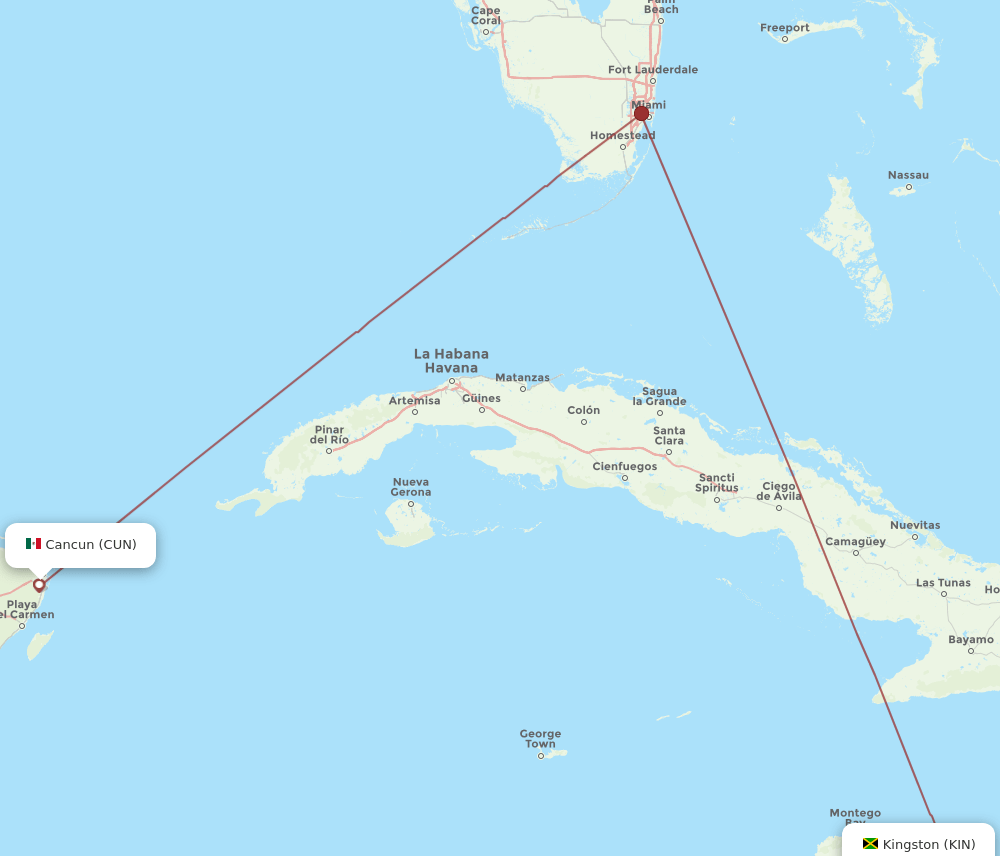 KIN to CUN flights and routes map