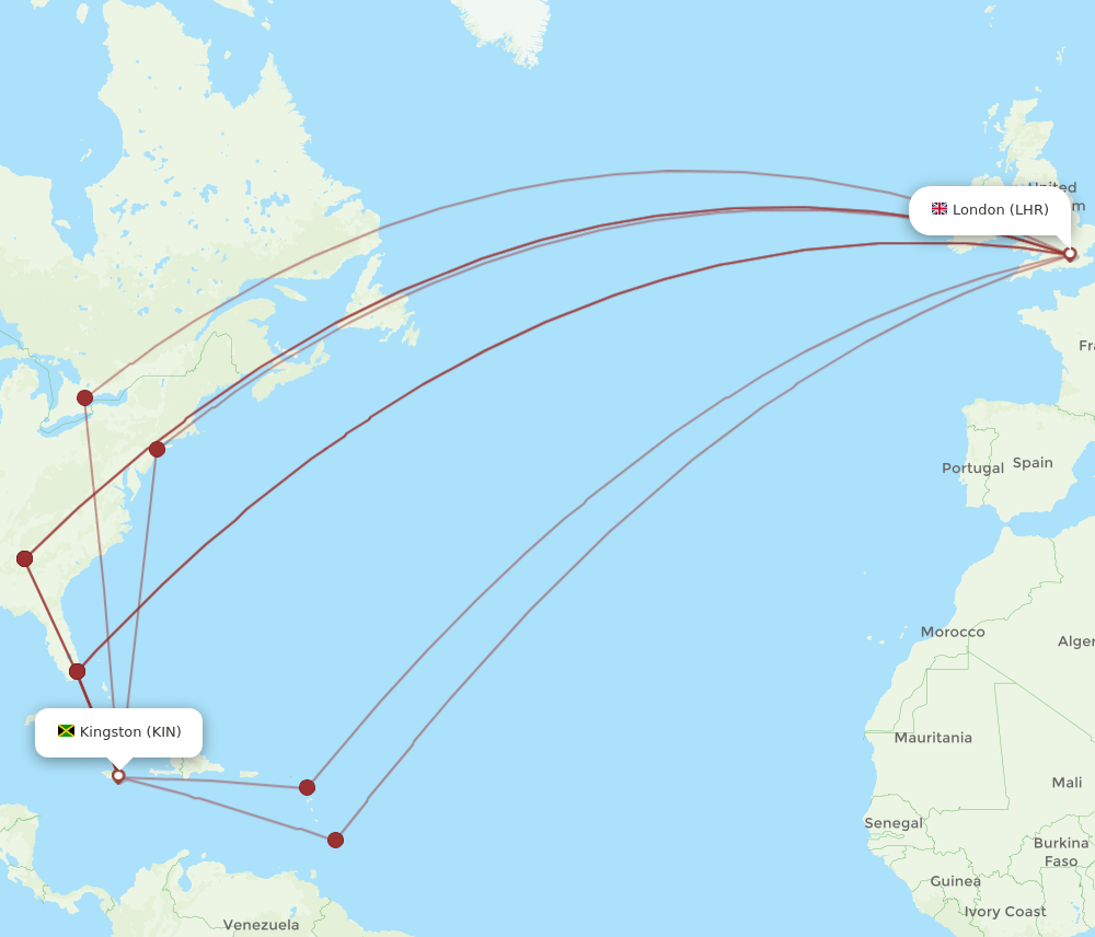 KIN to LHR flights and routes map