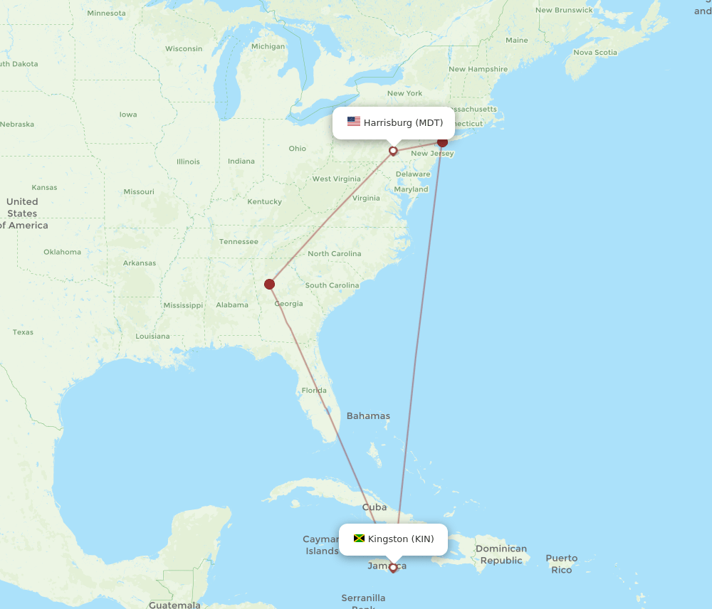 KIN to MDT flights and routes map