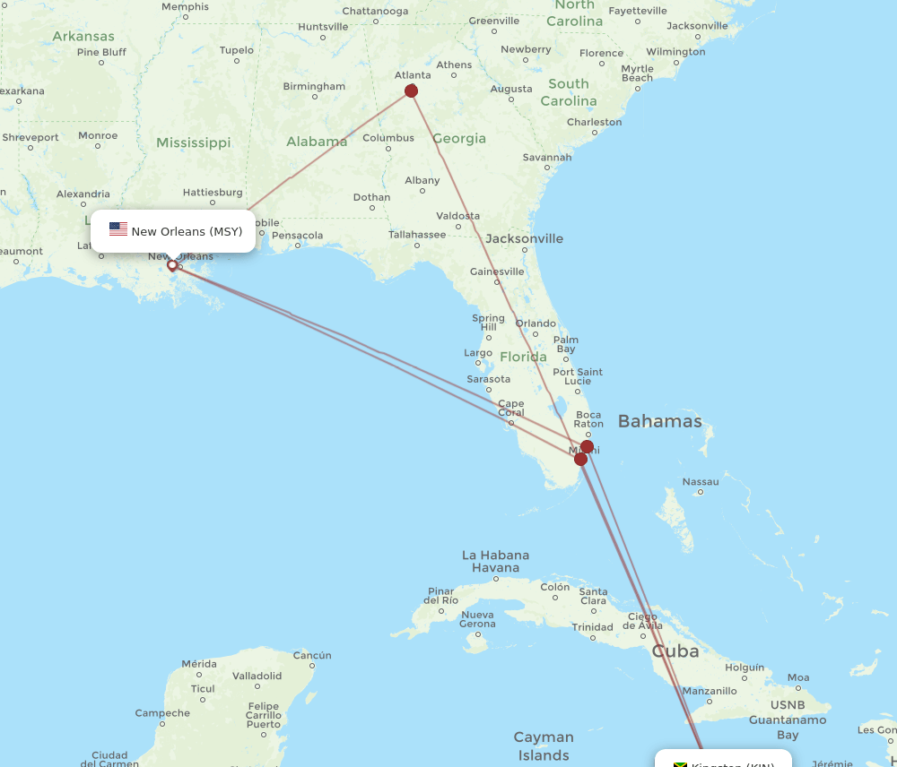 KIN to MSY flights and routes map