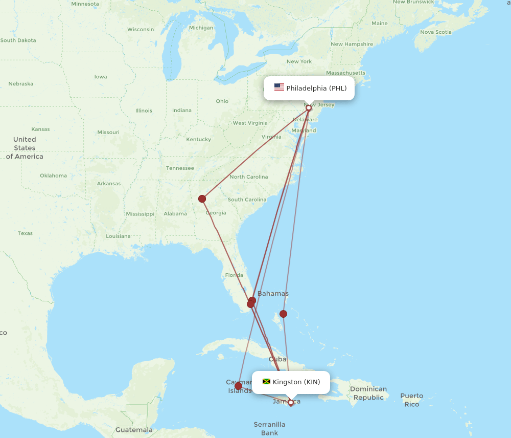 KIN-PHL flight routes