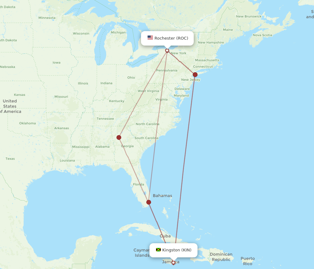 KIN to ROC flights and routes map