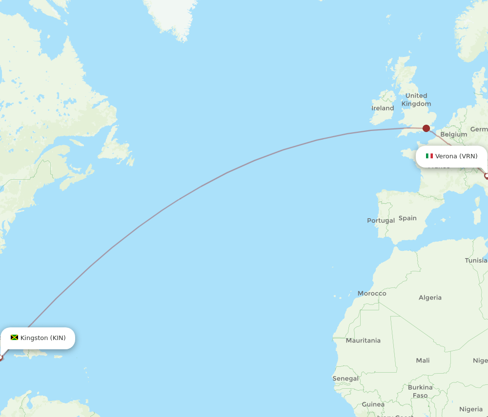 Verona - Kingston route map and flight paths