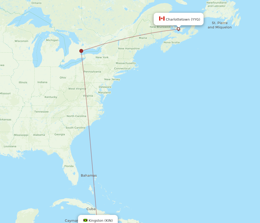 KIN to YYG flights and routes map