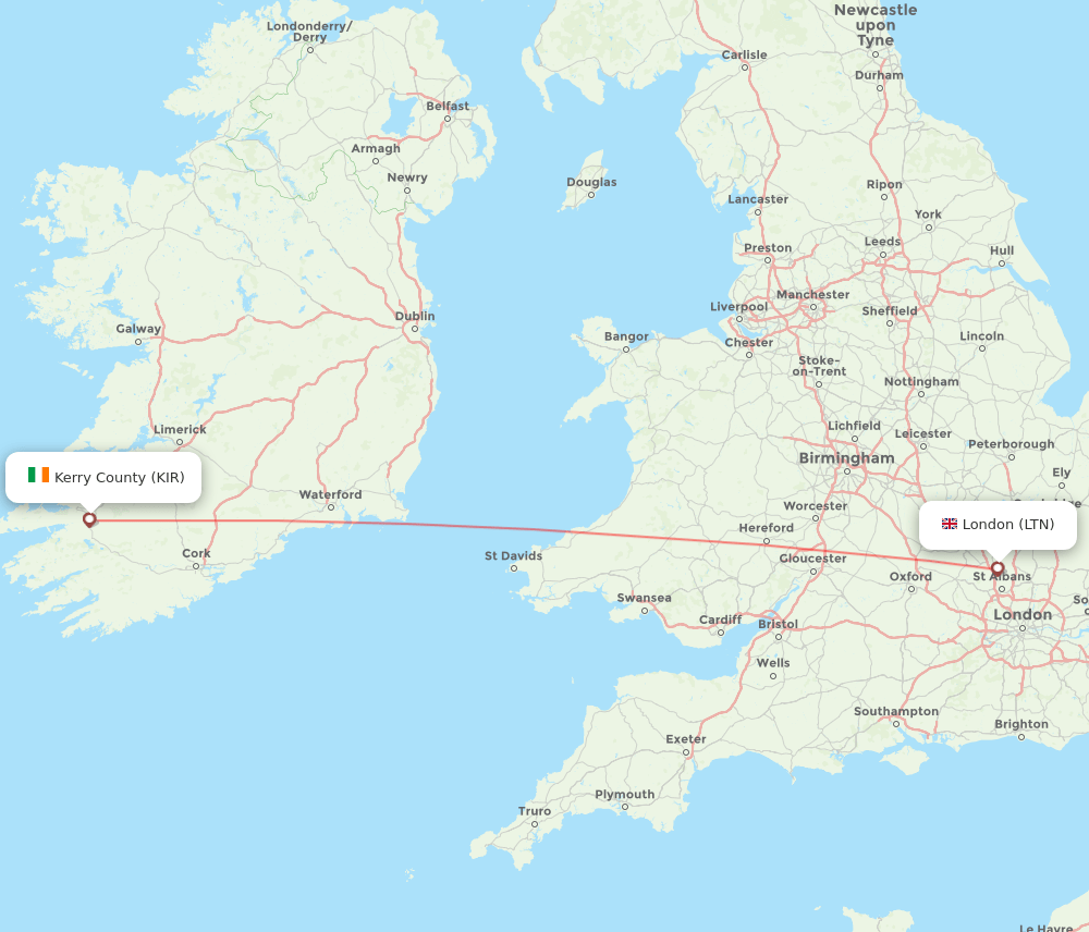 KIR to LTN flights and routes map