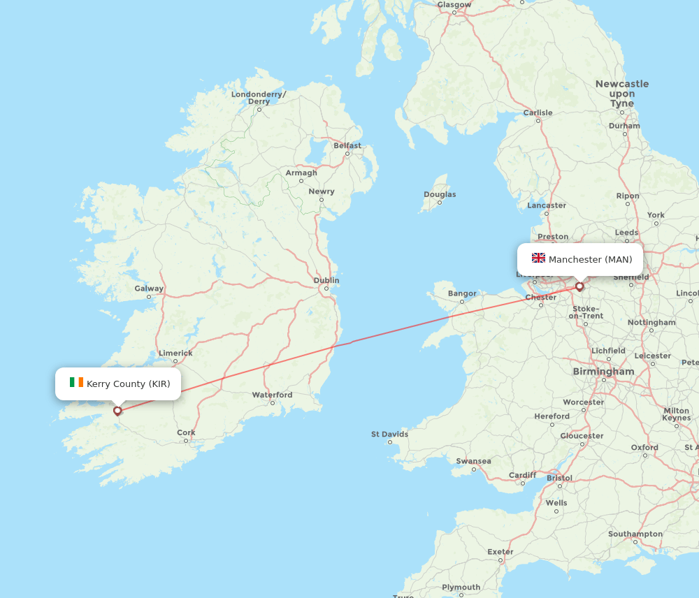 Kerry County - Manchester route map and flight paths