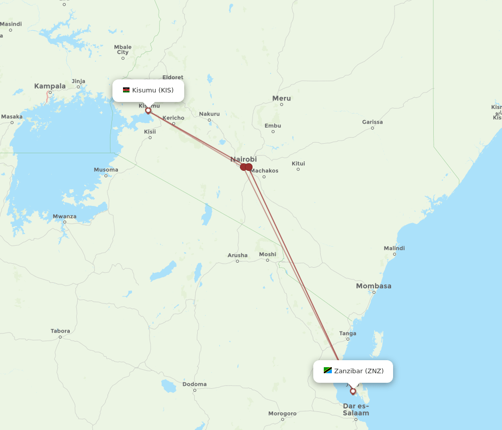 Zanzibar - Kisumu route map and flight paths