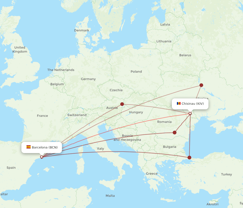 Chisinau - Barcelona route map and flight paths