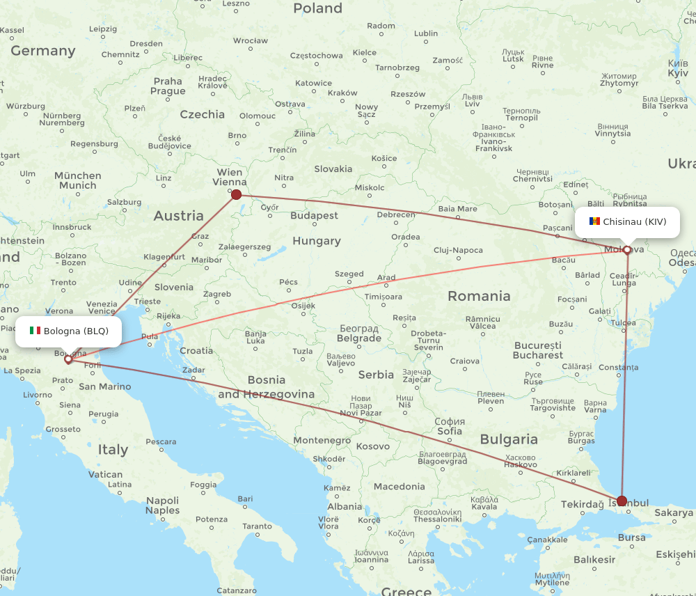 Chisinau - Bologna route map and flight paths