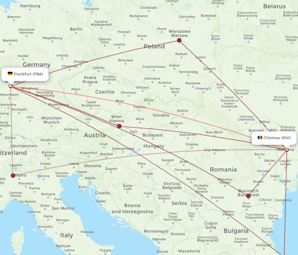 Chisinau - Frankfurt route map and flight paths