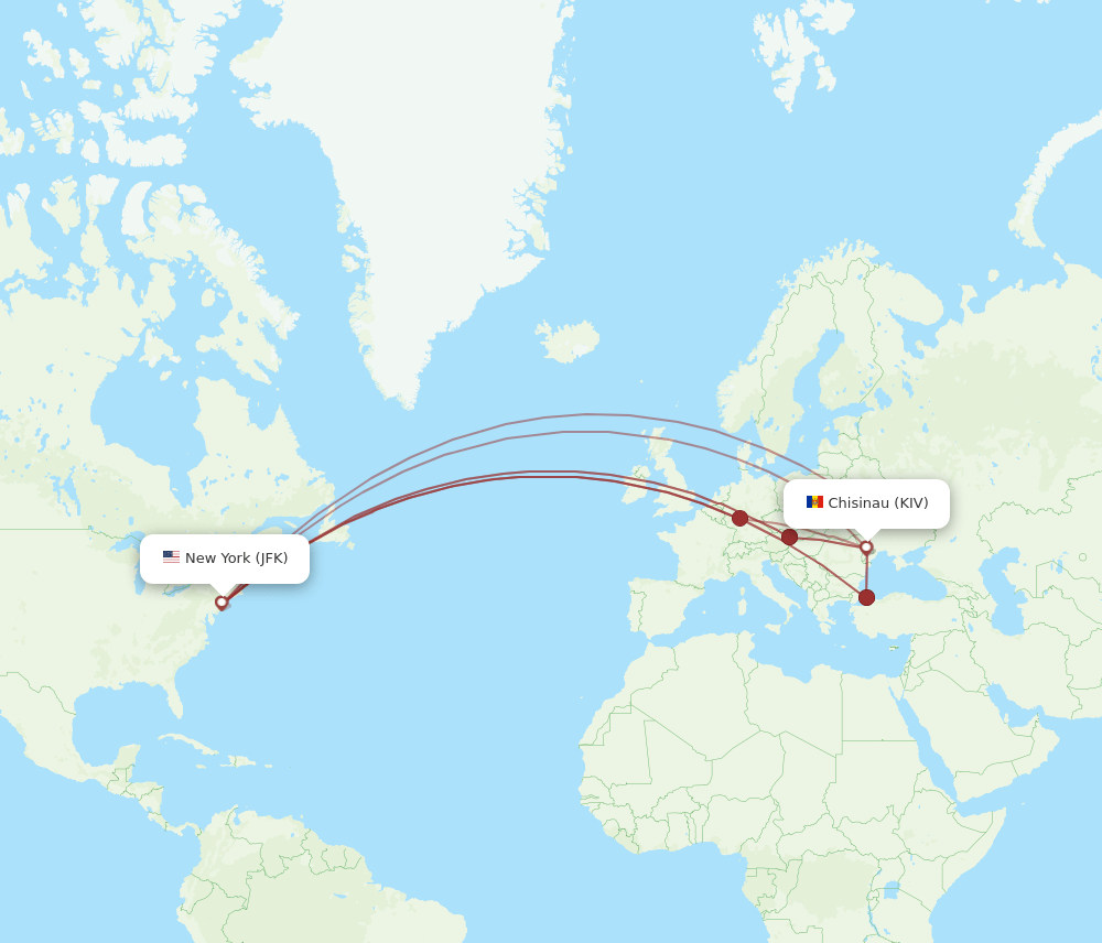 Chisinau - New York route map and flight paths