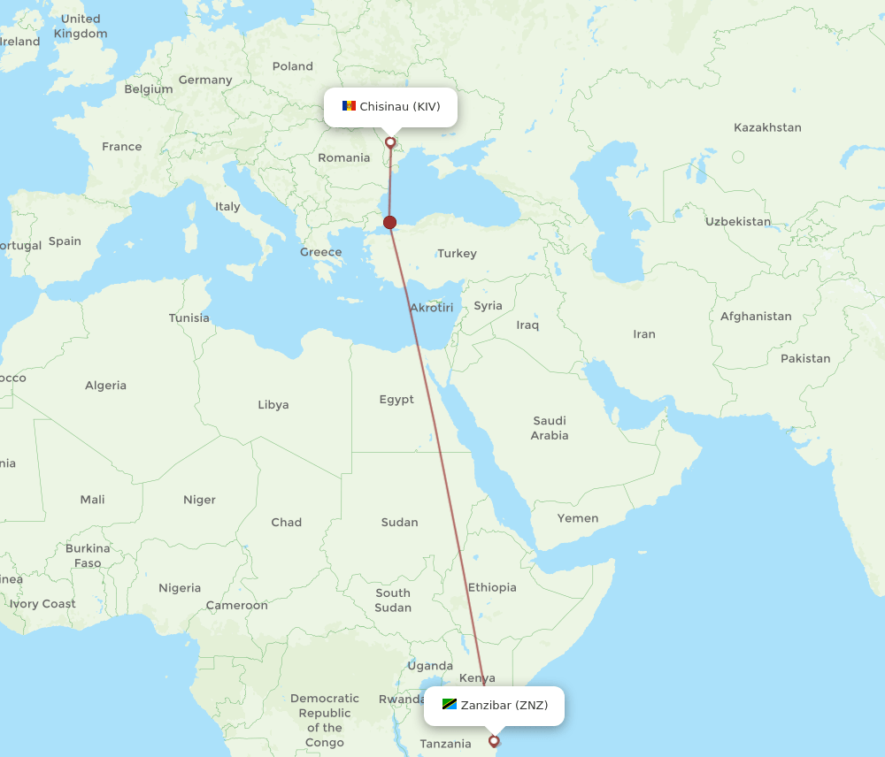 Chisinau - Zanzibar route map and flight paths