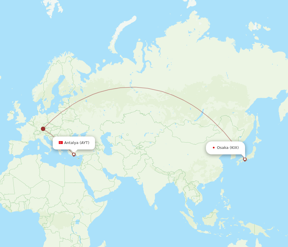 Antalya - Osaka route map and flight paths