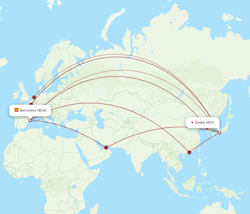 KIX to BCN flights and routes map