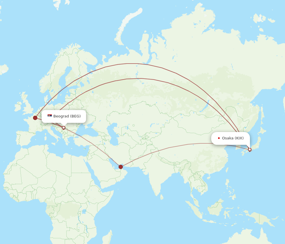 KIX to BEG flights and routes map
