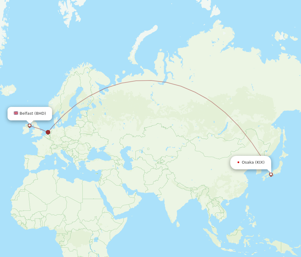 Belfast - Osaka route map and flight paths