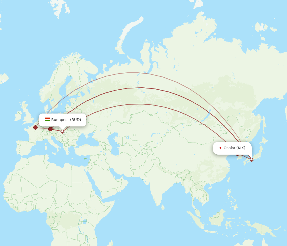 KIX to BUD flights and routes map