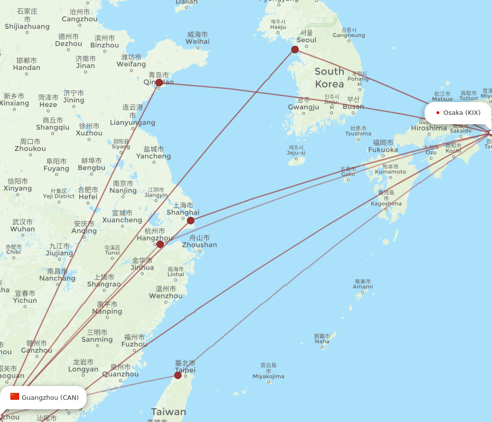 KIX to CAN flights and routes map