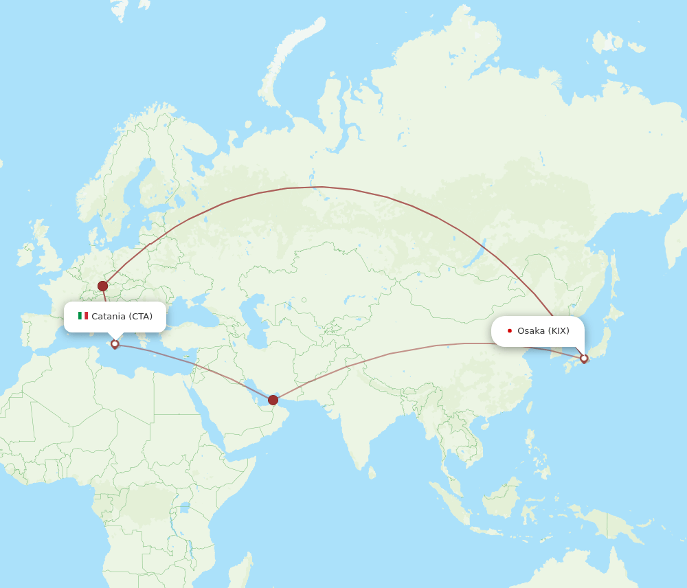 Catania - Osaka route map and flight paths