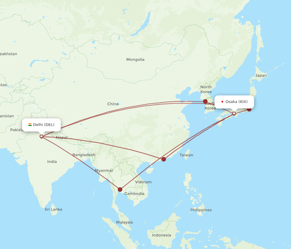 KIX to DEL flights and routes map