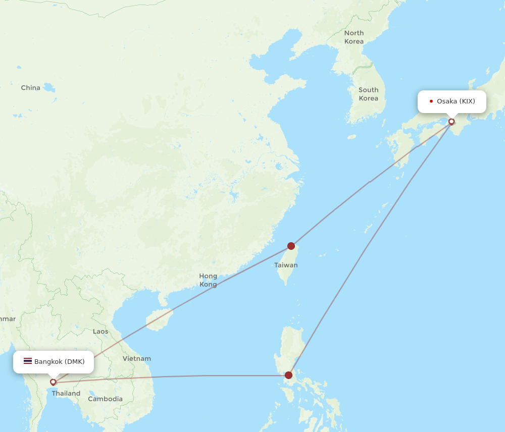 Osaka - Bangkok route map and flight paths