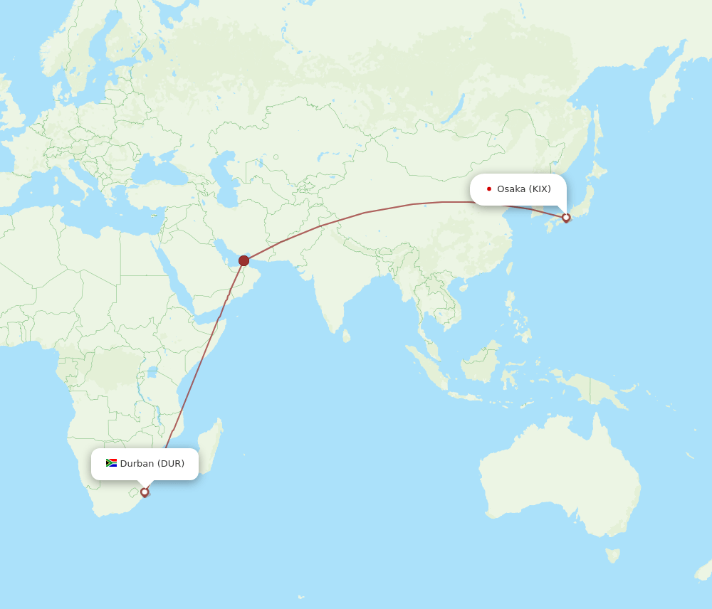 Durban - Osaka route map and flight paths