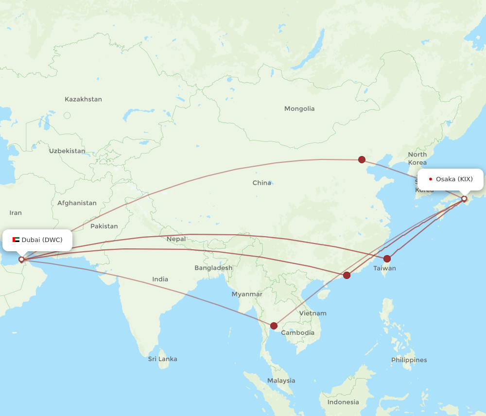 Osaka - Dubai route map and flight paths