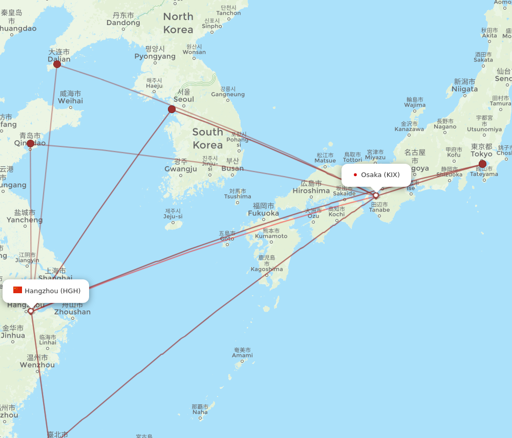 KIX to HGH flights and routes map