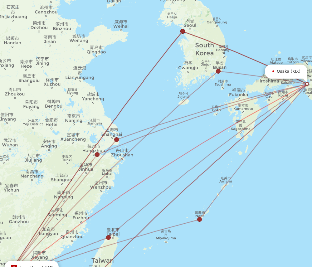 KIX to HKG flights and routes map