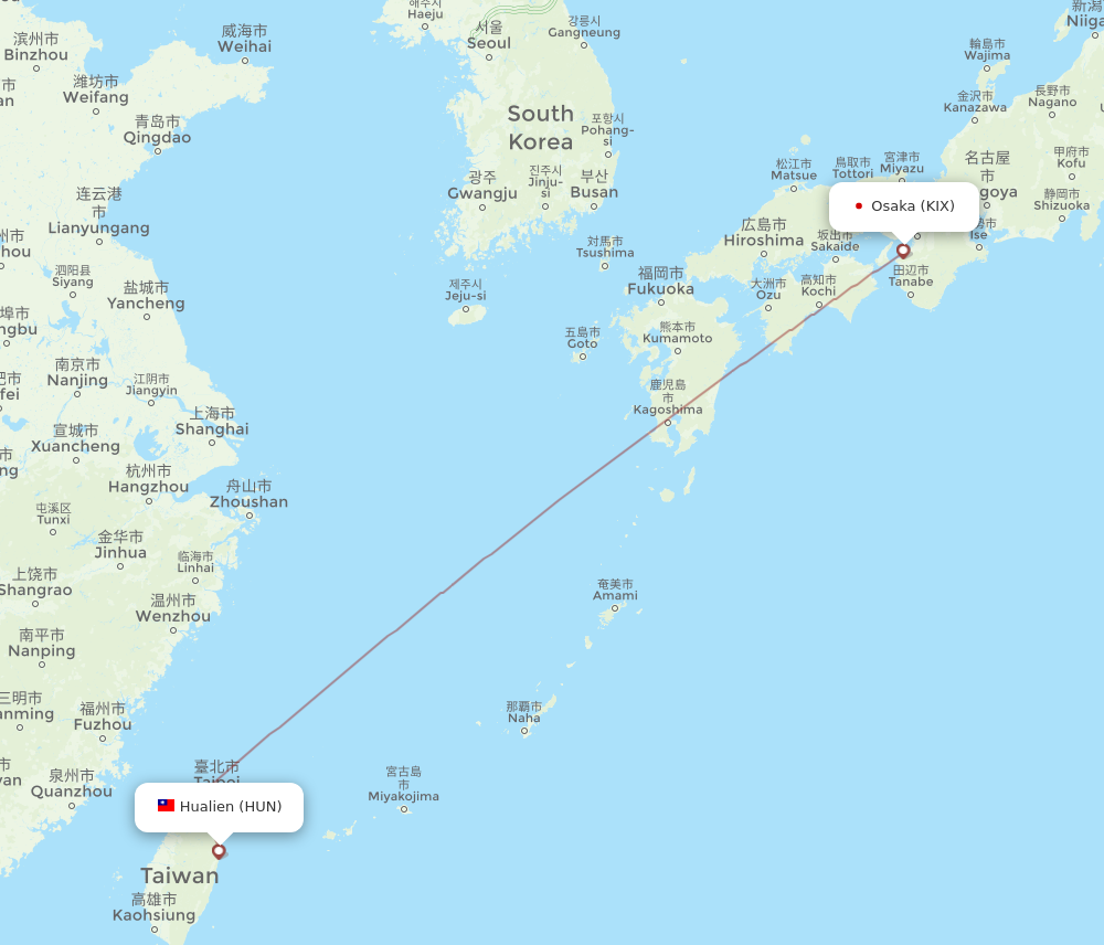 KIX to HUN flights and routes map