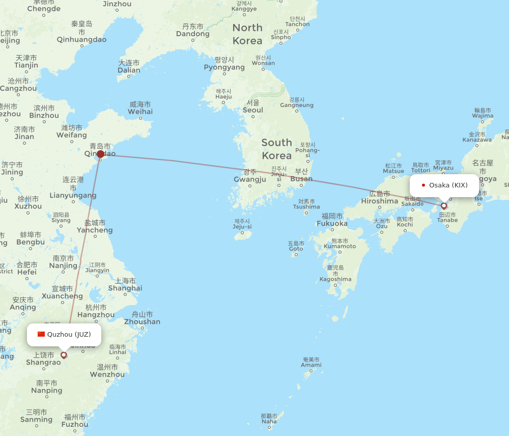 Osaka - Quzhou, Zhejiang Province route map and flight paths