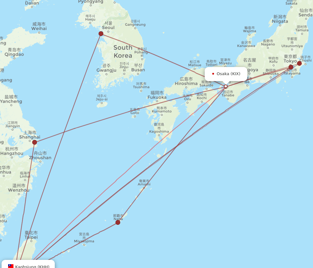 KIX to KHH flights and routes map