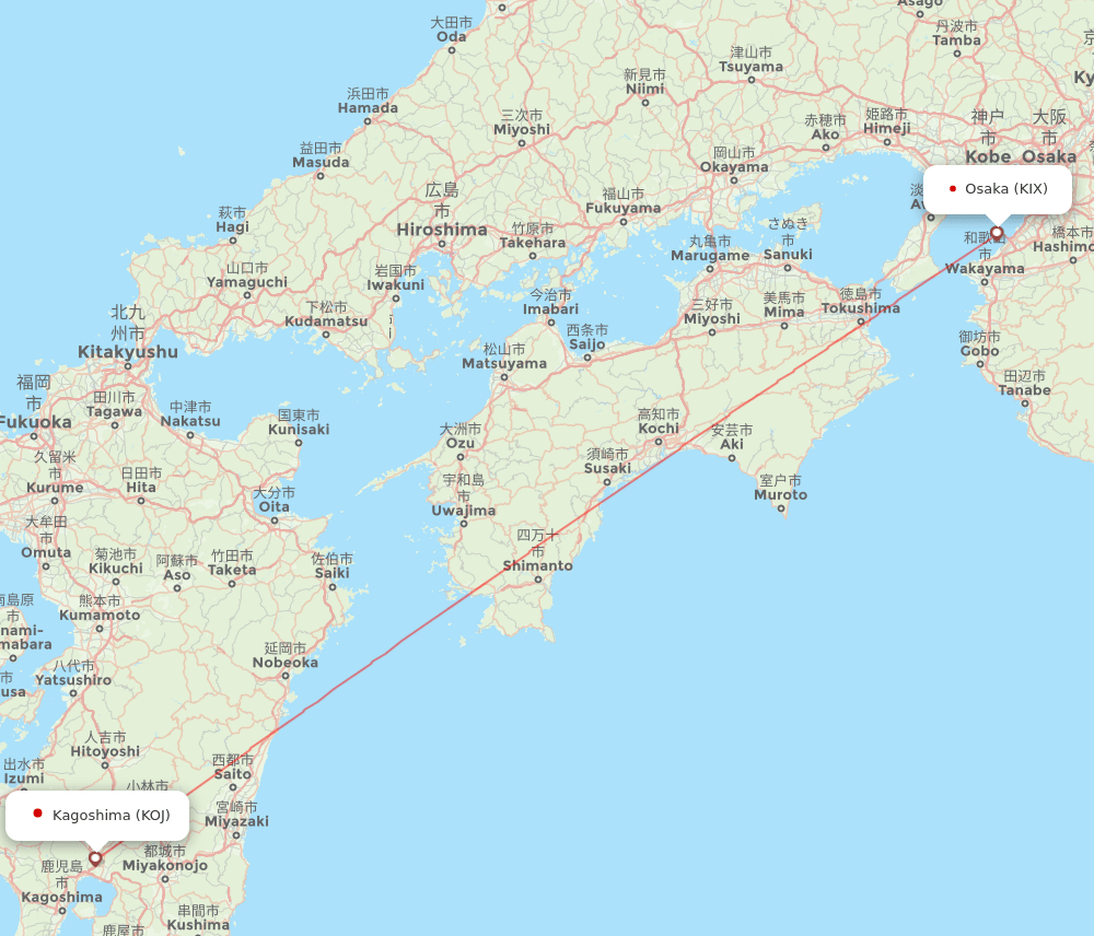 Osaka - Kagoshima route map and flight paths