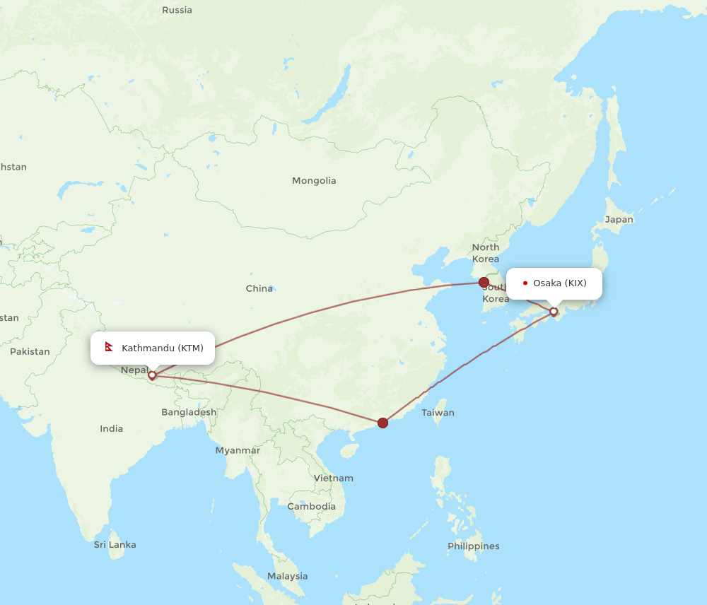 KIX to KTM flights and routes map