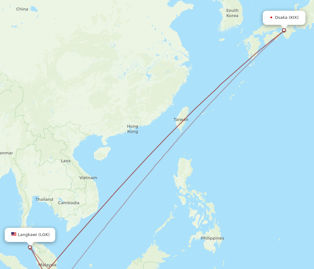 KIX to LGK flights and routes map