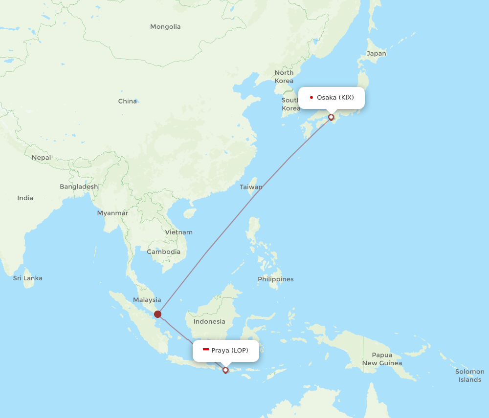 Praya - Osaka route map and flight paths