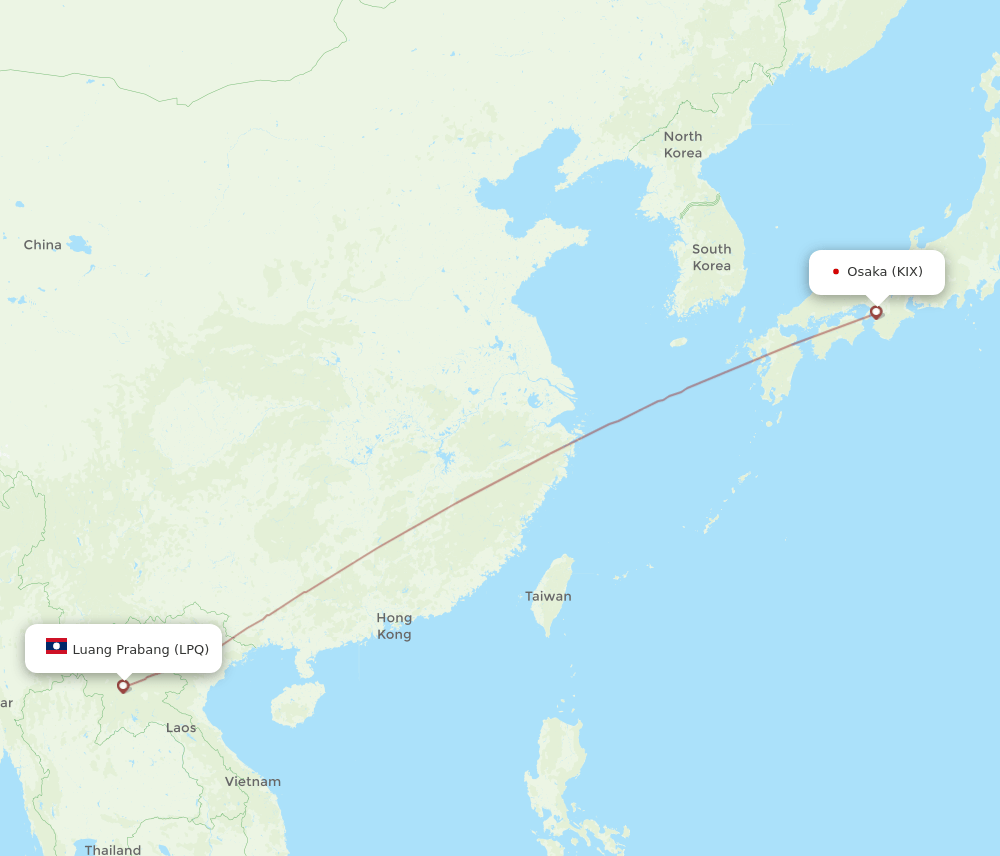 Osaka - Luang Prabang route map and flight paths