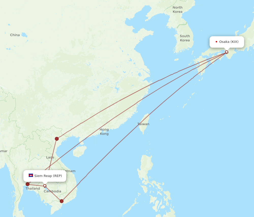 Osaka - Siem Reap route map and flight paths