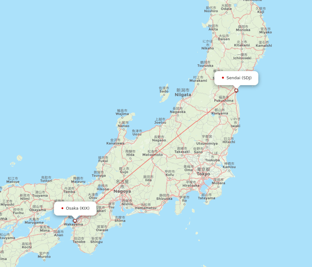 Osaka - Sendai route map and flight paths