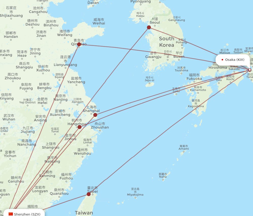 KIX to SZX flights and routes map