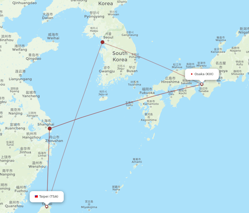 KIX to TSA flights and routes map