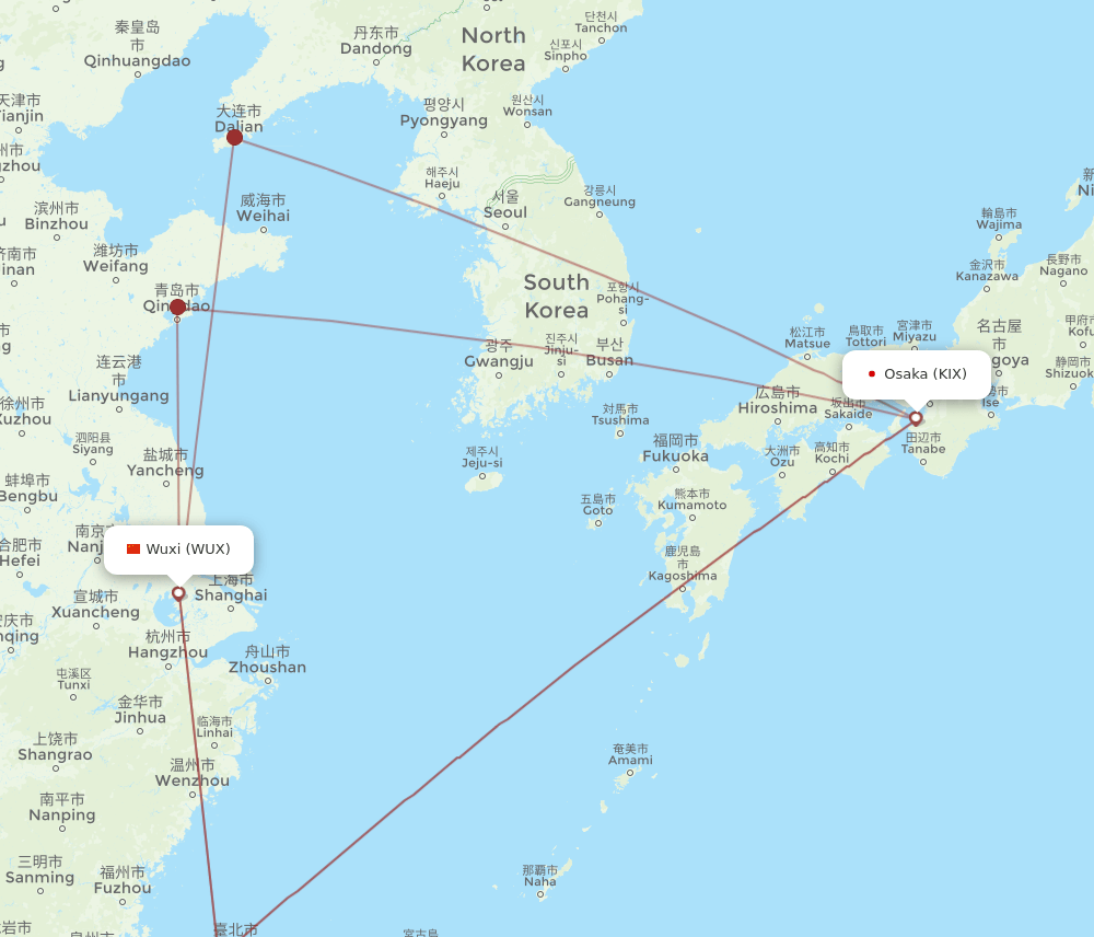 KIX to WUX flights and routes map